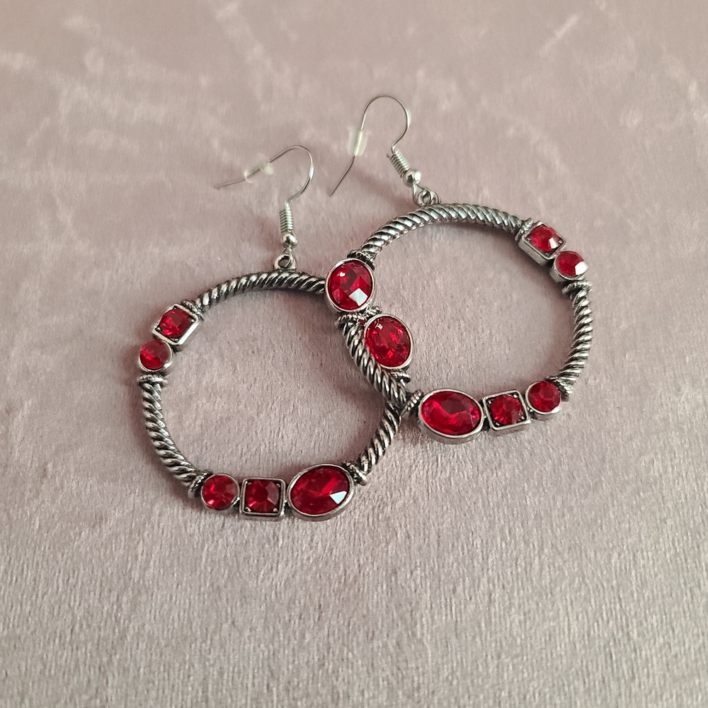 Red Crystal Hoop Earrings with Silver-Tone Rope Detail